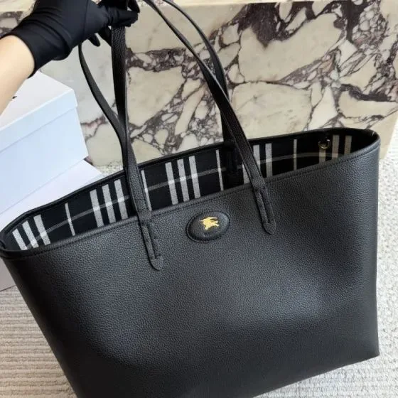Burberry Check Lined Leather Tote Black Tote Bag