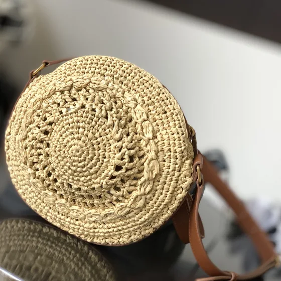 YSL Raffia Round Bolso cruzado Natural Beige/Marrón Crossbody