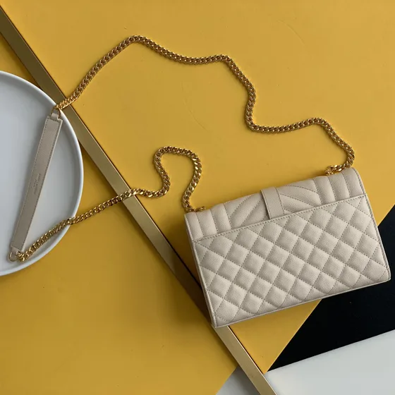 YSL Cassandre Envelope Chain Tegnebog Creme Hvid Woc