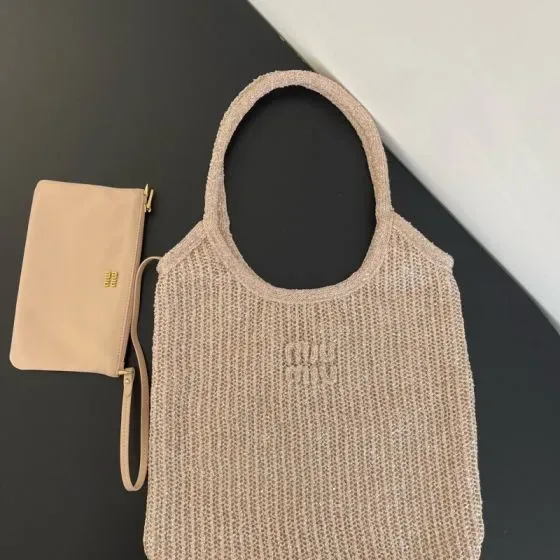Miu Miu Knitted Fabric Hobo Bag With Pouch Beige Hobo
