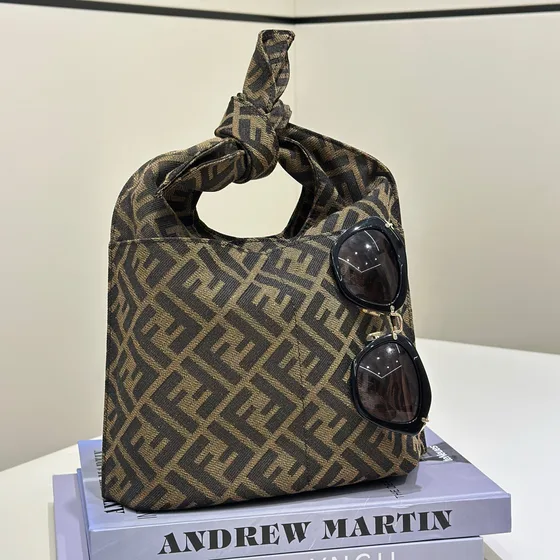 Fendi Ff Jacquard Knot Top Handle Bag Brown Grey Top Handle