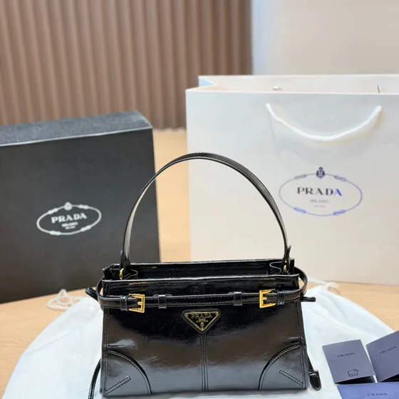 Prada Medium Leather Handbag With Belt Black Top Handle
