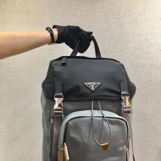 Prada Nylon Backpack With Saffiano Leather Details Black Grey Backpack