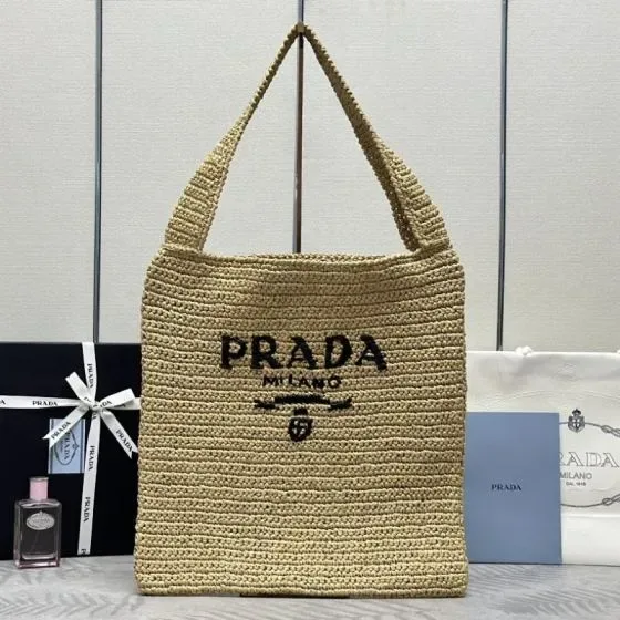 Prada Crochet Raffia Tote Bag Natural Beige Tote Bag