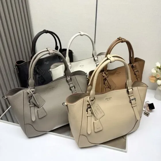 Prada Leather Top Handle Tote Beige Tote Bag