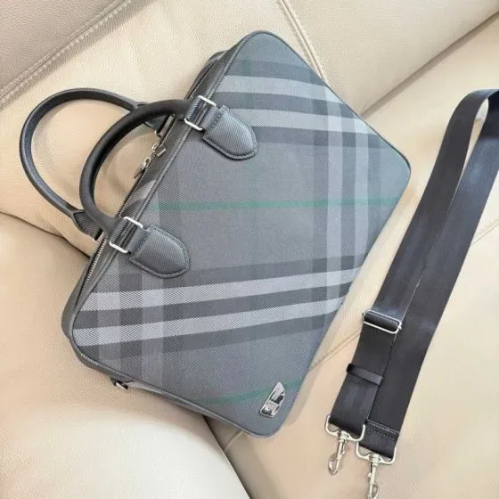 Burberry Check Briefcase Charcoal Grey Top Handle