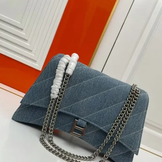 Balenciaga Crush Medium Chain Bag Quilted Denim Blue Crossbody