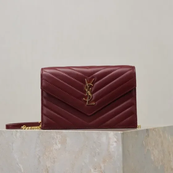YSL Cassandre Matelass Envelope Chain Wallet Burgundy Woc