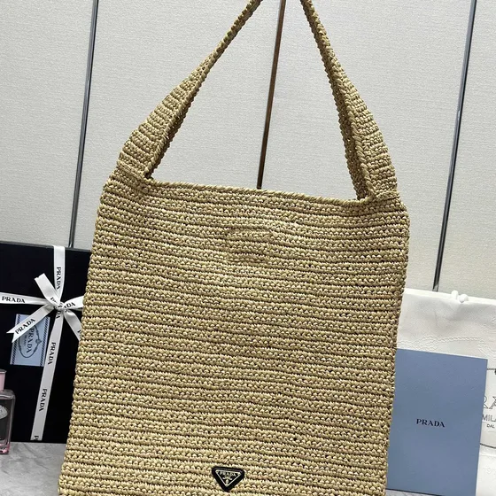 Prada Crochet Raffia Tote Bag Natural Beige Tote Bag