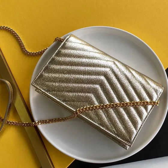 YSL Cassandre Matelass Envelope Chain Wallet Gold Woc