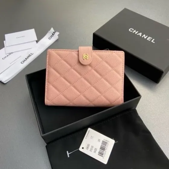 Chanel Chevron Quilted Caviar French Wallet Light Pink Card Holder