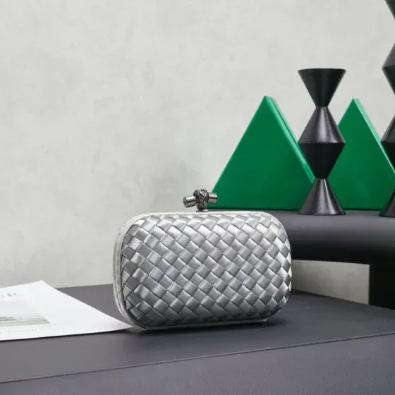Bottega Veneta Intreccio Satin Knot Clutch Silver Clutch
