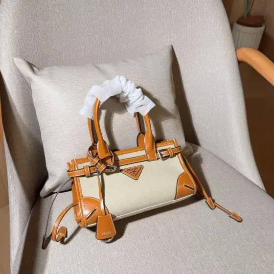 Prada Cahier Top Handle Bag Beige Caramel Brown Top Handle