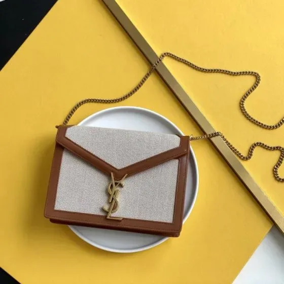 YSL Cassandra Envelope Chain Bag Beige With Brown Trim Shoulder Bag