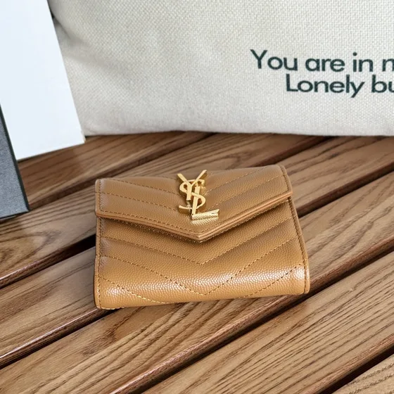 YSL Cassandre Matelassé Card Case Envelope Caramel/Tan Card Holder