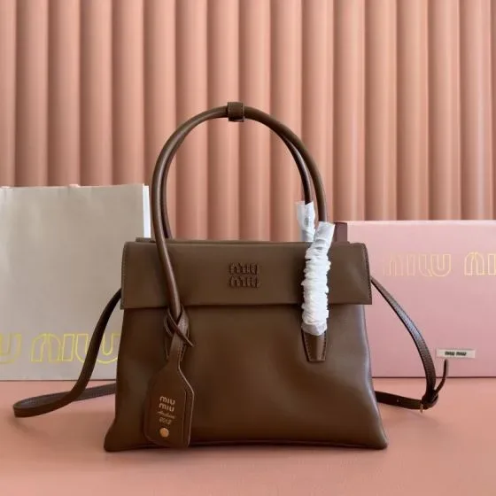 Miu Miu Leather Top Handle Bag With Shoulder Strap Brown Top Handle