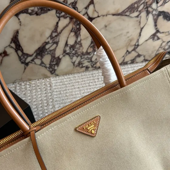 Prada Canvas Leather Trimmed Tote Bag Beige Brown Tote Bag