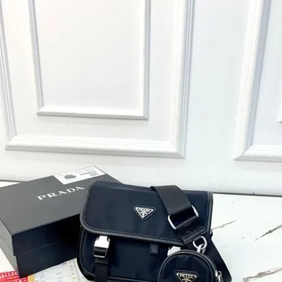 Prada Re-Nylon And Saffiano Leather Shoulder Bag With Mini Pouch Black Crossbody
