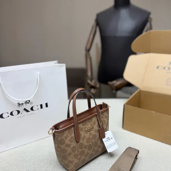 Coach Mini City Tote In Signature Canvas Khaki Saddle Tote Bag