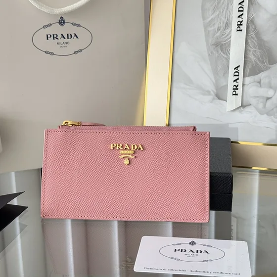 Prada Saffiano Leder Card Holder With Zipper Roze Card Holder
