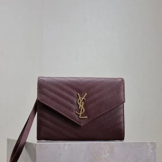 YSL Cassandre Matelass Envelope Wristlet Pouch Burgundy Pouch