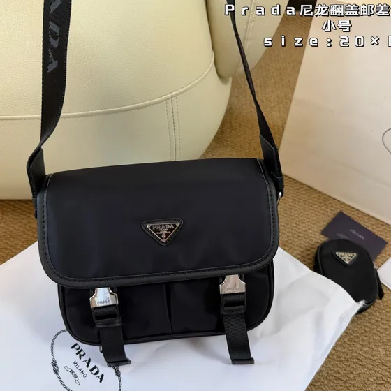 Prada Re-Nylon Flap Messenger Bag Small Black 20cm Crossbody