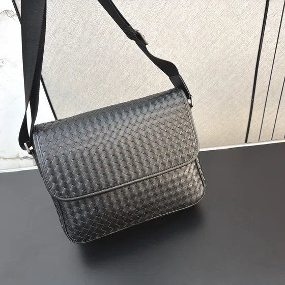 Bottega Veneta Intrecciato Flap Messenger Bag Black Crossbody