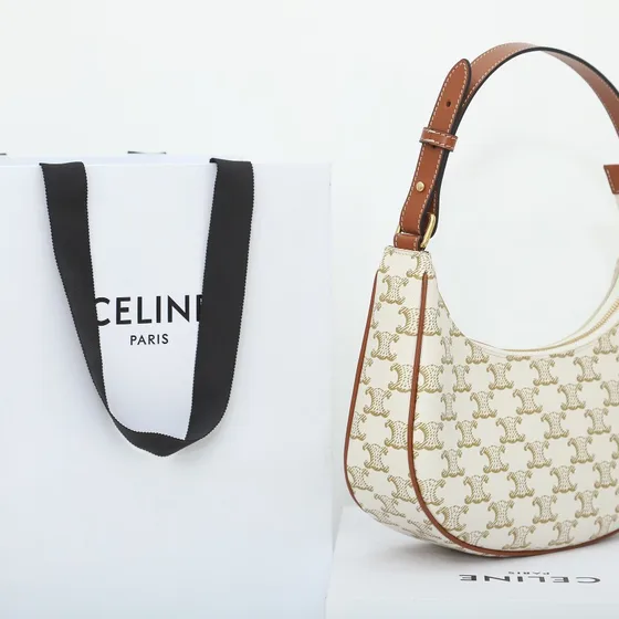 Celine Ava Bag White With Triomphe Monogram And Brown T Hobo