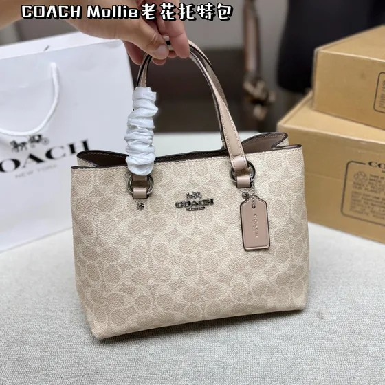 Coach Mollie Tote Brown Signature Coated Canvas With Black Tote Bag