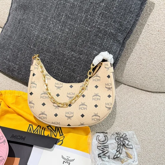 MCM Aren Hobo Bag In Visetos Cognac Pink Beige Hobo