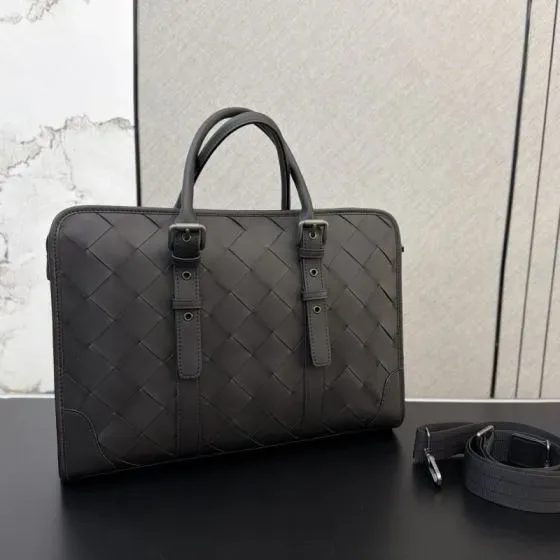 Bottega Veneta Intrecciato Leather Briefcase Dark Grey Top Handle