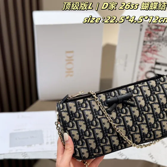 Dior 26Ss Bow Chain Bag Oblique Beige Black 22 5 4 5 12cm Crossbody