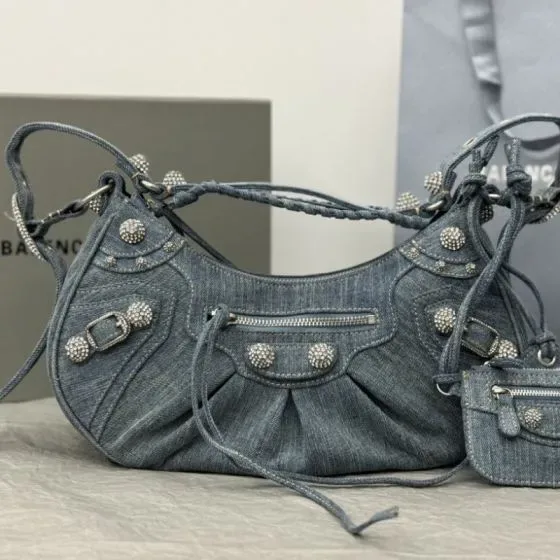 Balenciaga Le Cagole Shoulder Bag With Rhinestones Denim Blue Shoulder Bag