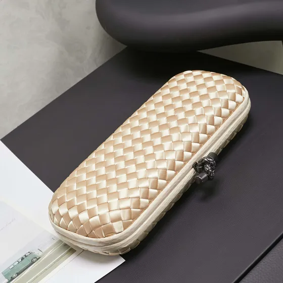 Bottega Veneta Intreccio Satin Knot Clutch Champagne Gold Clutch