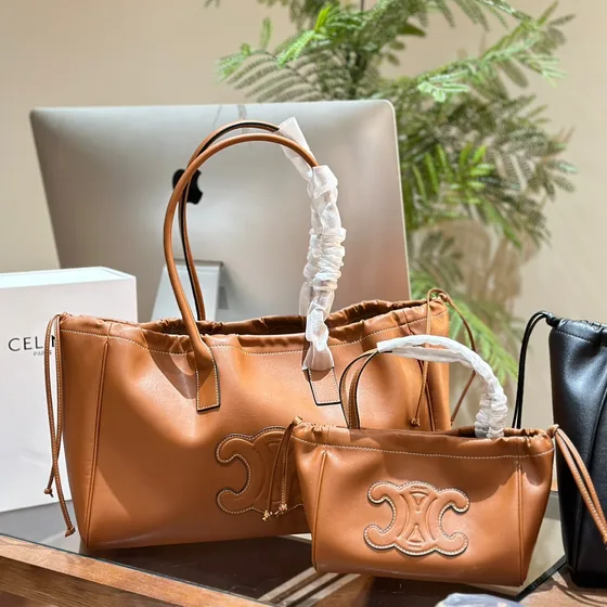 Celine Cabas Triomphe Tan Black Tote Bag