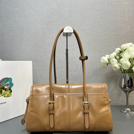 Prada Medium Leather Top-Handle Bag With Flap Camel Brown Top Handle