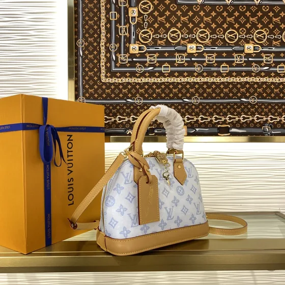 Louis Vuitton Alma White Light Blue With Beige Trims Top Handle