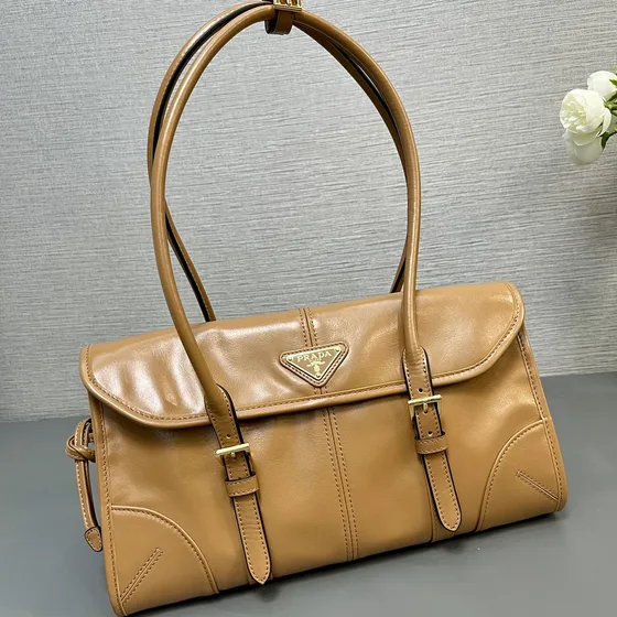 Prada Medium Kulit Top-Handle Bag With Flap Camel Coklat Top Handle