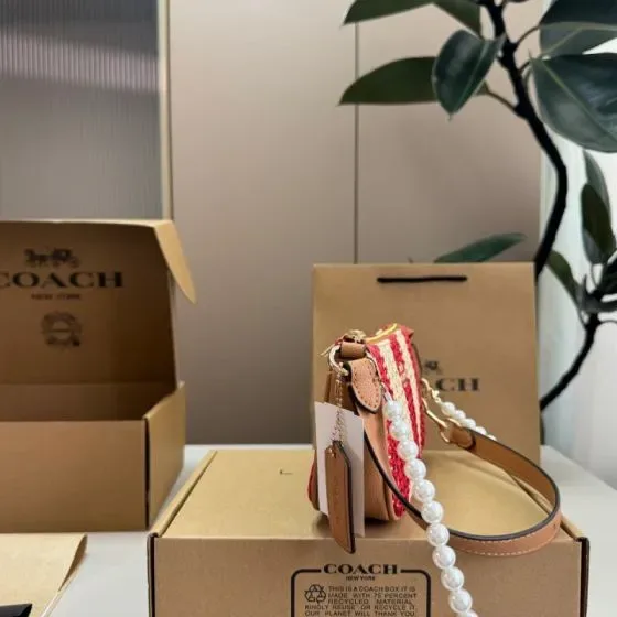 Coach Mini Rowan Crossbody Bag Pearl Strap Striped Straw Version Red White Brown Crossbody