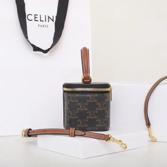 Celine Triomphe Lerret Mini Vanity Case Brun Vanity
