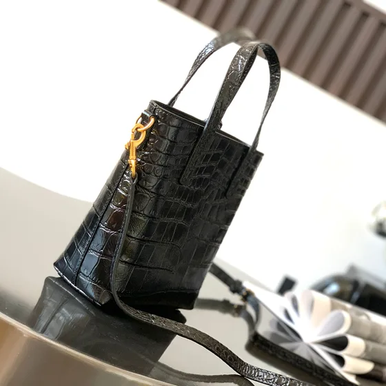 YSL Mini Shopping Bag Crocodile Embossed Black Tote Bag