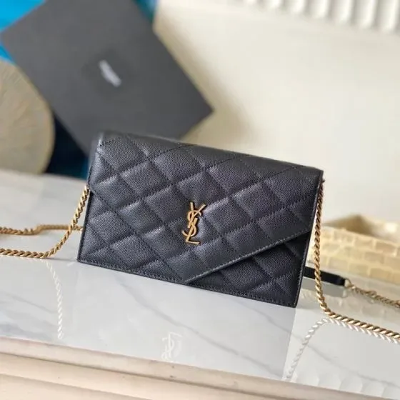 YSL Cassandre Matelass Envelope Chain Wallet Black Woc