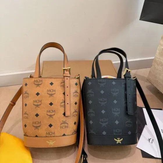MCM Aren Visetos Mini Bucket Bag Cognac Black Crossbody