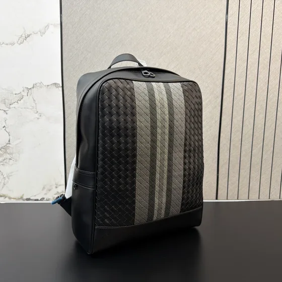 Bottega Veneta Intrecciato Stripe Backpack Black Grey Backpack