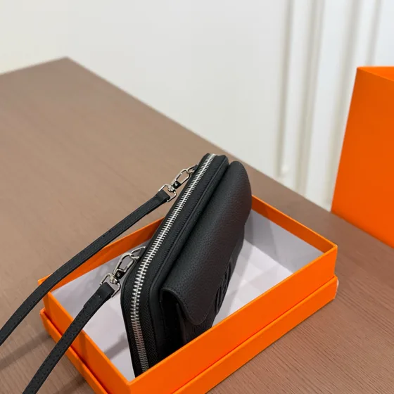 Hermes H Logo Zippy Wallet With Wrist Strap Black Wallet