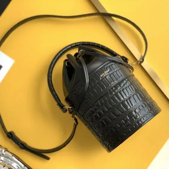 YSL Small Croc-Embossed Leather Bucket Bag Black Crossbody