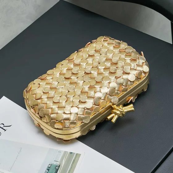 Bottega Veneta Intreccio Knot Clutch Gold Clutch