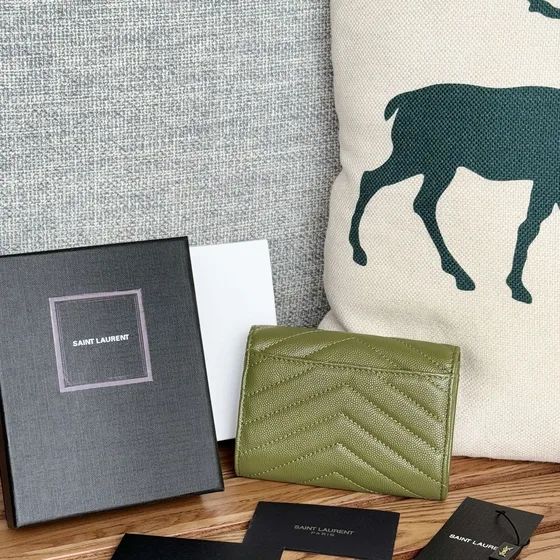 YSL Cassandre Matelass Compact Tri Fold Wallet Olive Green Wallet
