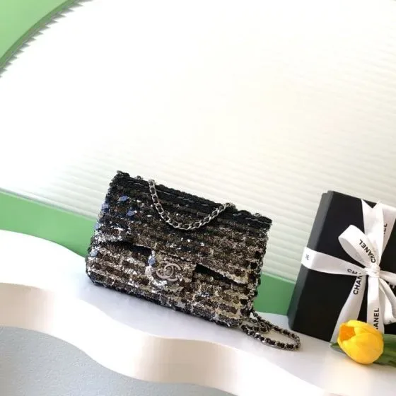 Chanel Classic Flap Black Silver Sequins Shoulder Bag