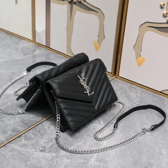 YSL Cassandre Matelass Envelope Chain Wallet Black Woc